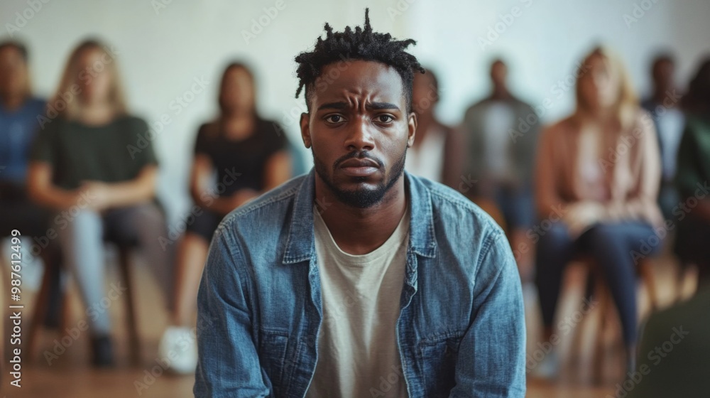 Fototapeta premium Sad anxiety depressed black man at support group meeting for mental health and addiction issues in anonymous community space with many people around
