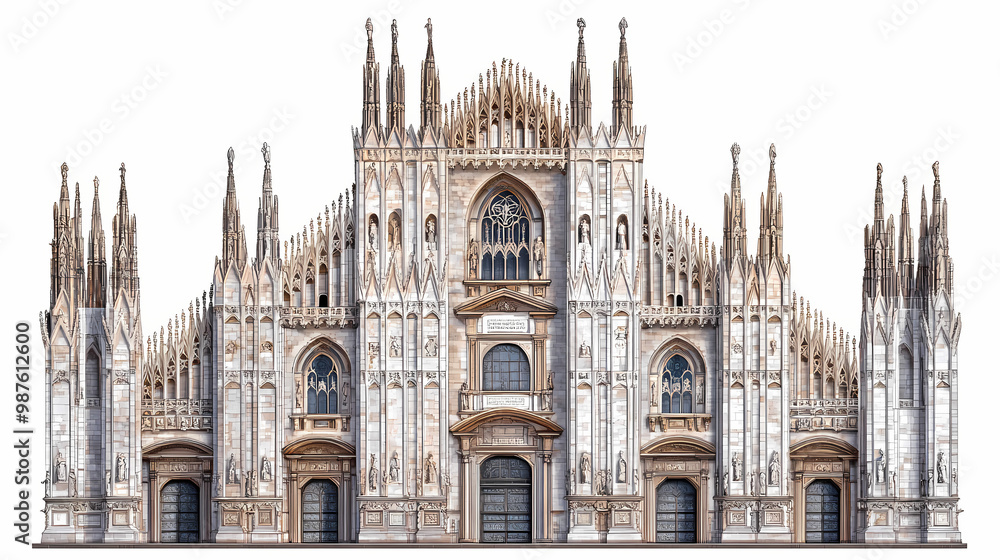 Naklejka premium Historic facade of iconic duomo di milano cathedral in milan italy showcasing intricate gothic architecture and ornate details on a transparent background. Renaissance Italy. Illustration