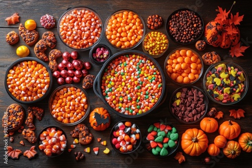 The table is overflowing with assorted candies and autumn decorations for Halloween celebrations