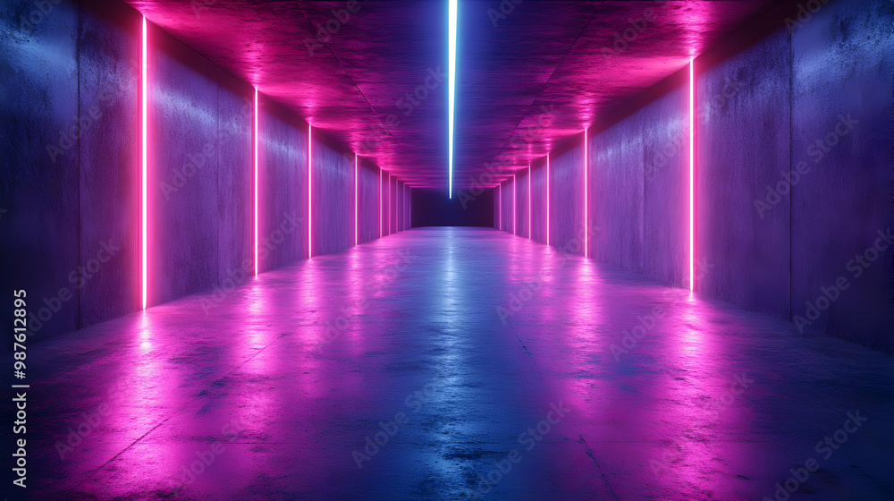 Neon Lights in a Dark Concrete Corridor 3D Illustration Neon Lights in a Dark Concrete Corridor 3D Illustration