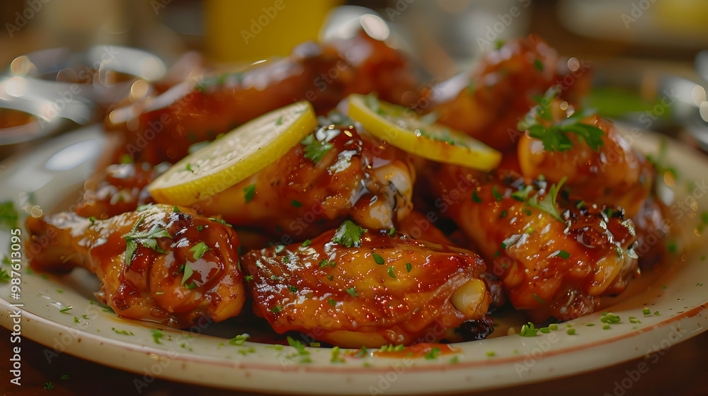 Close-up of Delicious Grilled Chicken Wings with Lemon Wedges Close-up of Delicious Grilled Chicken Wings with Lemon Wedges