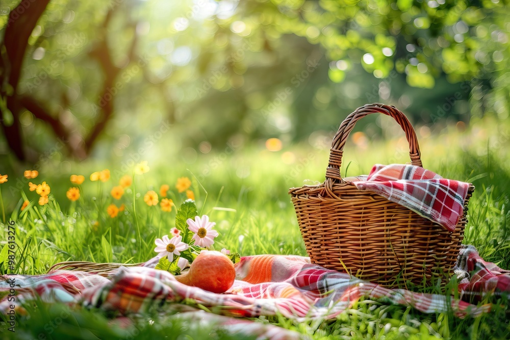 A picnic basket on a blanket with flowers and fruit in a sunny meadow A picnic basket on a blanket with flowers and fruit in a sunny meadow