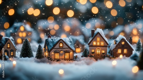 Cozy Christmas village with warm glowing lights and snowy rooftops