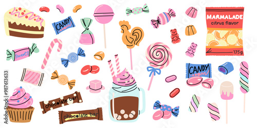 Sweets and candy. Chocolate bars, caramel, toffee, different lollipop on sticks, marmalade bears. Confectionery shop elements. Christmas and birthday kids present cartoon flat isolated illustration