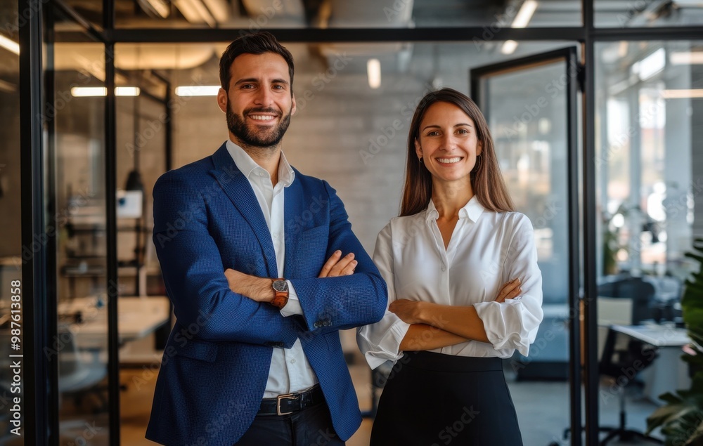 Fototapeta premium Confident male and female business professionals standing together in a modern office environment with crossed arms