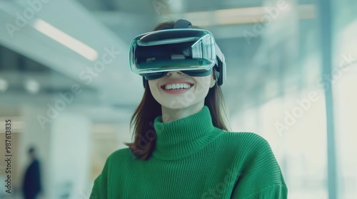 Smiling businesswoman in green sweater is wearing vr helmet. Digital interface in 3d glasses. Concept of future technology, interaction and entertainment playing game in virtual reality