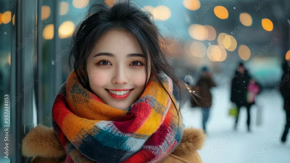 A cheerful woman stands against a backdrop of twinkling lights, showcasing her vibrant scarf and the joy of a winter day outdoors. A cheerful woman stands against a backdrop of twinkling lights, showcasing her vibrant scarf and the joy of a winter day outdoors.