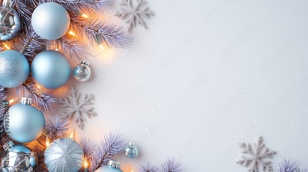 Festive winter decor featuring blue and silver Christmas ornaments, snowflakes, and lights on a soft white background Festive winter decor featuring blue and silver Christmas ornaments, snowflakes, and lights on a soft white background