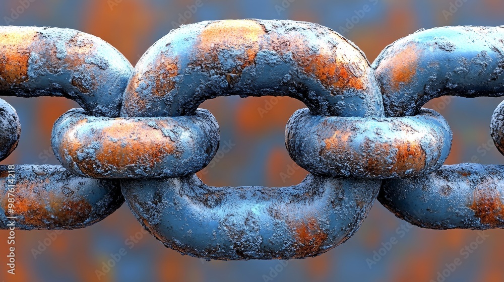 Close-up of a rusty metal chain link showcasing its texture and patina in vivid colors, perfect for industrial or grunge themes. Close-up of a rusty metal chain link showcasing its texture and patina in vivid colors, perfect for industrial or grunge themes.