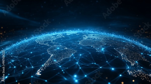  Digital, blue-glowing global network concept with light connections around the Earth planet, a business and connectivity technology background. Big data information exchange online on a dark backdrop