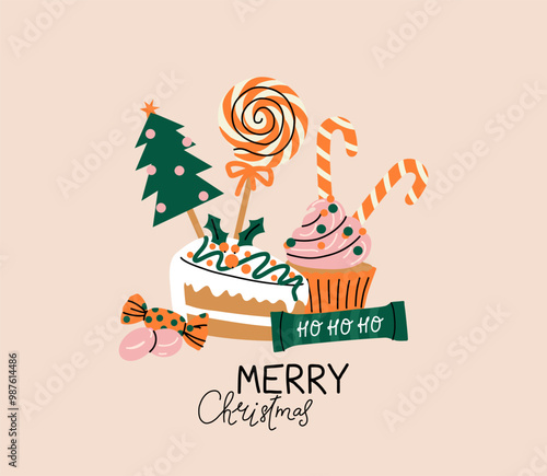 Christmas sweets and candy. Xmas sweet food. Festive cupcakes, gingerbread man, delicious lollipop and candy cane. Confectionery shop decorative elements. Cartoon flat isolated vector illustration