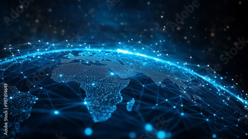  Digital, blue-glowing global network concept with light connections around the Earth planet, a business and connectivity technology background. Big data information exchange online on a dark backdrop