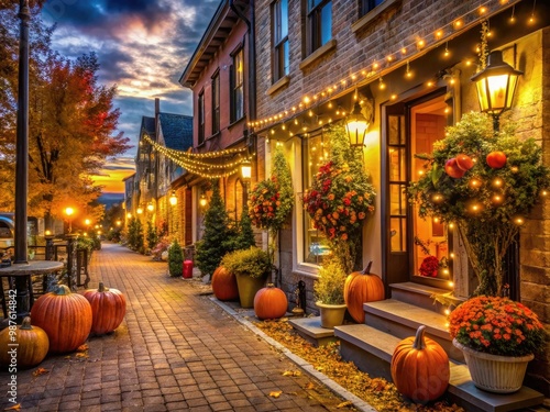 Spooky seasonal decorations adorn storefronts and streets of a quaint small town on Halloween night, illuminated by jack-o-lanterns and twinkling string lights.