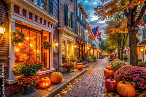 Spooky seasonal decorations and colorful lights adorn storefronts and streets in a charming New England town, evoking festive autumnal atmosphere and eerie Halloween ambiance. photo