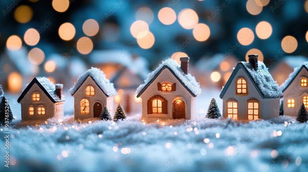 Cozy Christmas village with warm glowing lights and snowy rooftops Cozy Christmas village with warm glowing lights and snowy rooftops