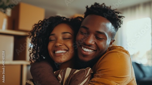 Celebrating their new beginning, a young couple enjoys a moment of relief and excitement after the move.