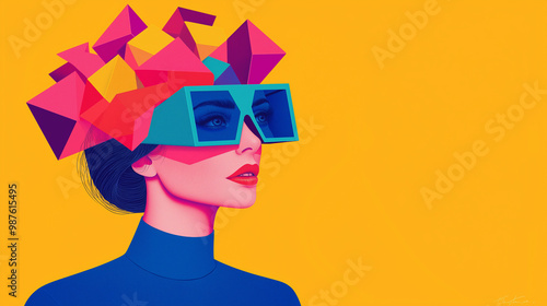 Abstract Portrait of Woman with Geometric Shapes and Large Glasses in Vibrant Pop Art Style
