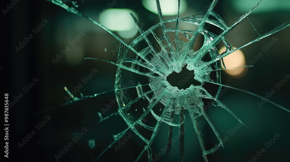 Bullet hole in the glass. Glass in broken by gunfire. Close-up. Vandalism, violence, war. Bullet hole in the glass with a view of the street. Bullet hole in the glass. Glass in broken by gunfire. Close-up. Vandalism, violence, war. Bullet hole in the glass with a view of the street.