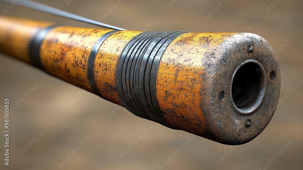 Close-up view of a weathered wooden and metal tube, showcasing intricate details and textures of vintage design. Close-up view of a weathered wooden and metal tube, showcasing intricate details and textures of vintage design.