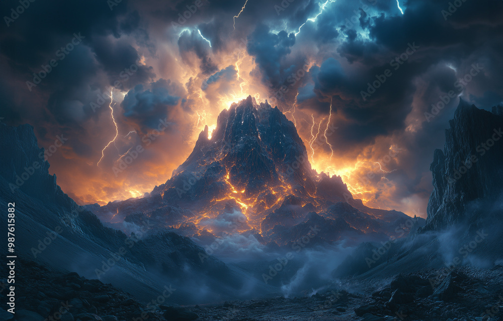 Naklejka premium Painting of a scary mountain with fire, smoke, lightning surrounding it like in the Old Testament