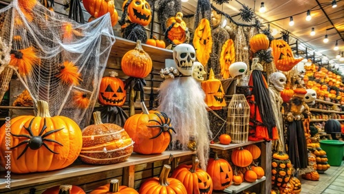 Spooky seasonal section of a craft store filled with orange and black accessories, artificial spider webs, plastic skeletons, and glowing jack-o'-lantern decorations. photo