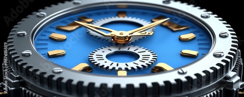 Close-up view of an elegant mechanical watch showcasing intricate gears and a stunning blue dial with golden accents. photo