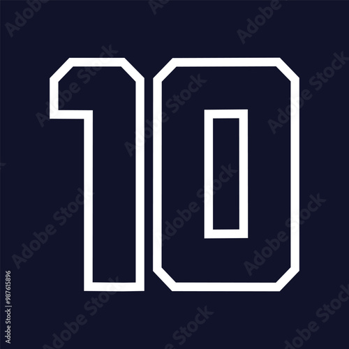 10 Classic Vintage Sport Jersey  Uniform numbers in black with a black outside contour line number on white background for American football, Baseball and Basketball or soccer for shirt