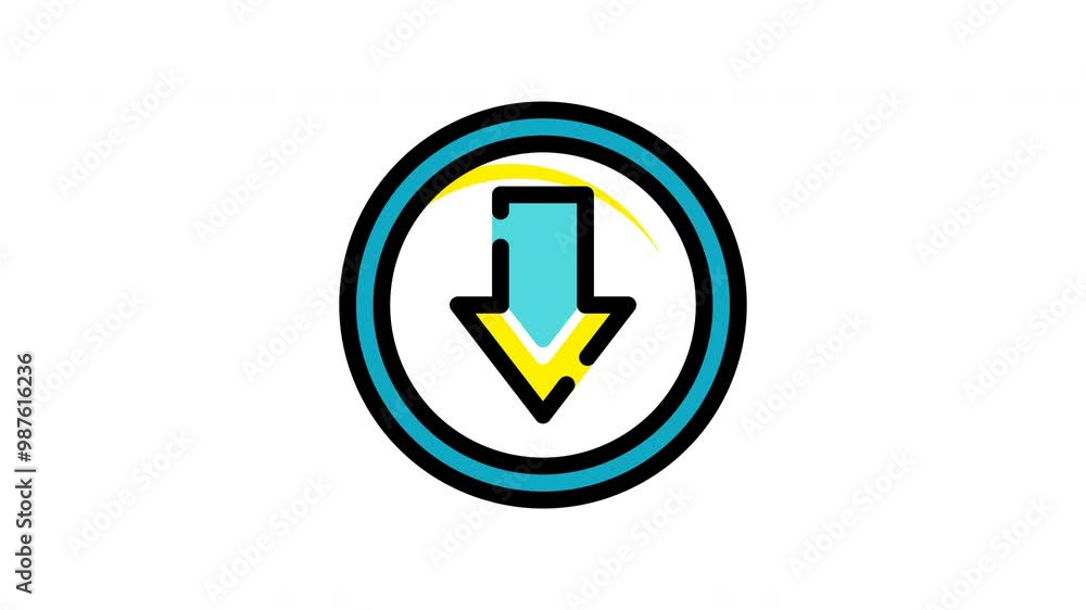 Download with black outline, pointing down yellow and blue arrow. Suitable for concepts like decrease, decline, negative trends. Download with black outline, pointing down yellow and blue arrow. Suitable for concepts like decrease, decline, negative trends.