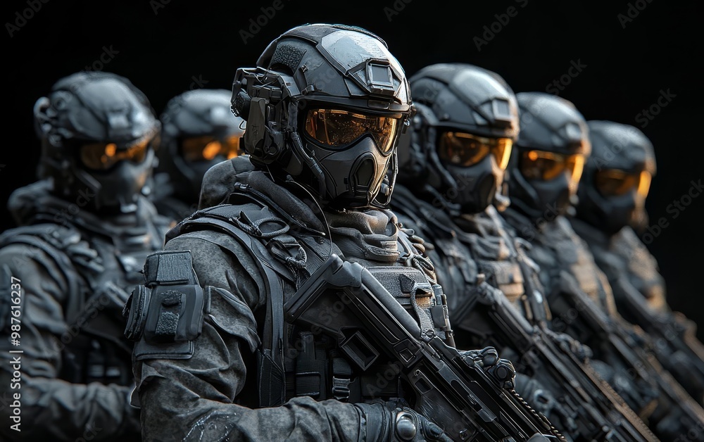 Group of soldiers in tactical gear with weapons, dark background. Group of soldiers in tactical gear with weapons, dark background.