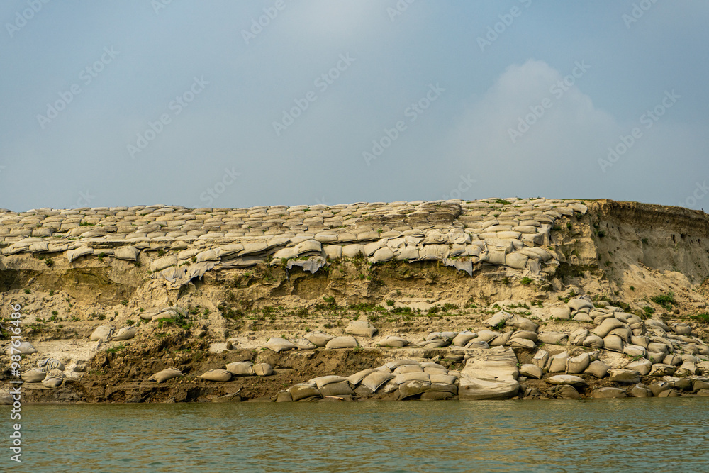 geobags sandbags to protect the riverbank from erosion and flooding, Bangladesh, Padma River.