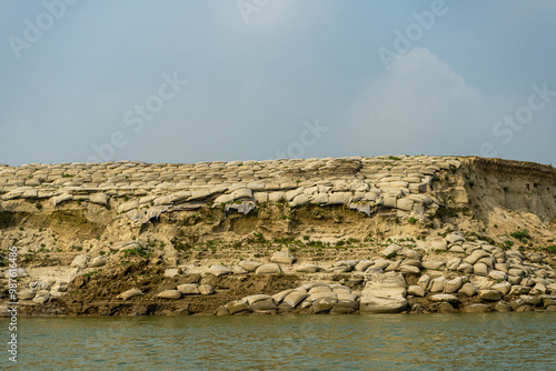 geobags sandbags to protect the riverbank from erosion and flooding, Bangladesh, Padma River. photo