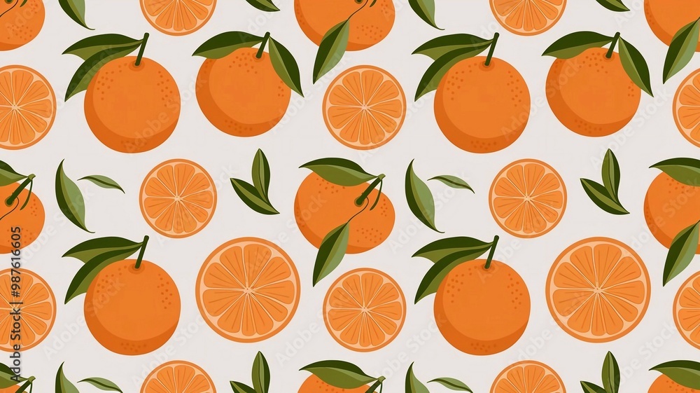 Mandarin oranges, orange slices, and leaves in a seamless vector pattern. Mandarin oranges, orange slices, and leaves in a seamless vector pattern.