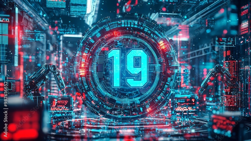 The number 19 embedded in a futuristic control hub, surrounded by neon data screens and robotic arms adjusting digital components The number 19 embedded in a futuristic control hub, surrounded by neon data screens and robotic arms adjusting digital components