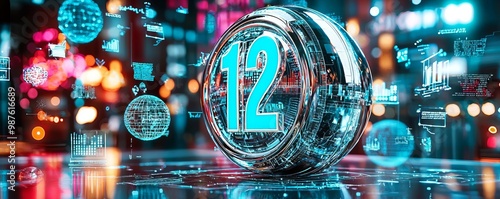 A chromeplated number 12 rotating in a glowing sphere, surrounded by floating data icons and holographic charts