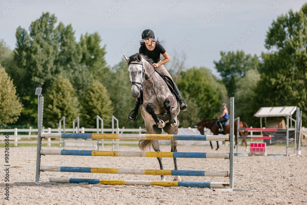 © 24K-Production - Girl rider on dapple gray horse jumping over triple bars in outdoor arena on a sunny summer day. Horse sports competition concept.