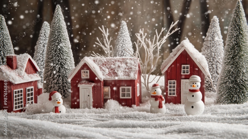 Snowy Christmas decoration scene with red wooden houses, snowmen, and trees covered with white snow, festive and enchanting winter wonderland Snowy Christmas decoration scene with red wooden houses, snowmen, and trees covered with white snow, festive and enchanting winter wonderland