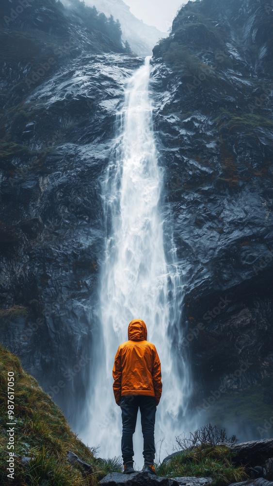 Standing infront of large waterfall - Phone Wallpaper, waterfall, nature, outdoors, hiking, adventure, scenic, landscape, explorer, orange jacket, mountains, water, mist