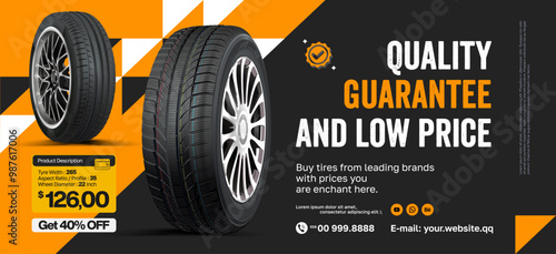 Tyres car advertisement poster. Black rubber tyre landscape advertisement.