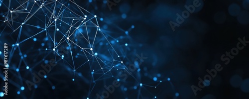 Dark blue digital background showcasing a complex network of interconnected nodes and lines illustrating data connections