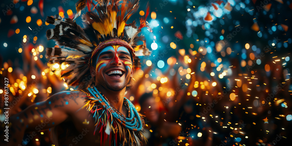 A man in traditional Aboriginal costume smiles joyfully amidst vibrant celebration, surrounded by colorful lights and lively crowd. atmosphere is filled with excitement and cultural richness A man in traditional Aboriginal costume smiles joyfully amidst vibrant celebration, surrounded by colorful lights and lively crowd. atmosphere is filled with excitement and cultural richness