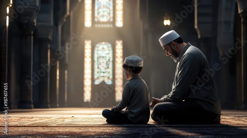 Muslim father and son praying together in mosque