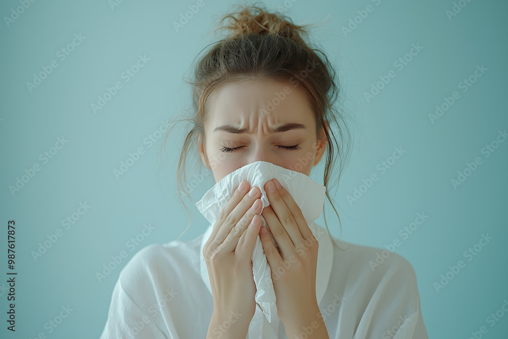 A woman is holding white handkerchief, expressing discomfort and sadness. Her facial expression conveys sense of distress, highlighting her emotional state A woman is holding white handkerchief, expressing discomfort and sadness. Her facial expression conveys sense of distress, highlighting her emotional state