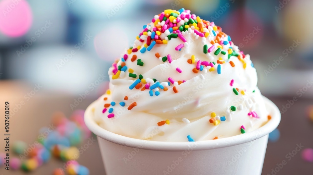 Cup of frozen yogurt topped with sprinkles, ready for a refreshing treat. Cup of frozen yogurt topped with sprinkles, ready for a refreshing treat.