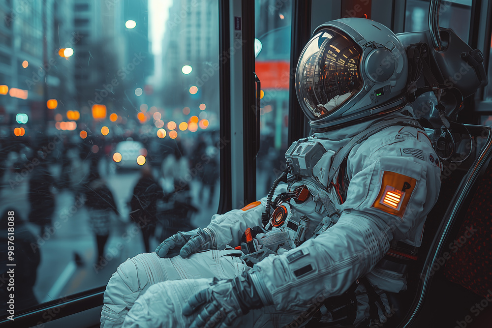 An astronaut in full gear sits quietly on bus, observing bustling city outside. contrast between space suit and urban environment creates unique and intriguing scene An astronaut in full gear sits quietly on bus, observing bustling city outside. contrast between space suit and urban environment creates unique and intriguing scene