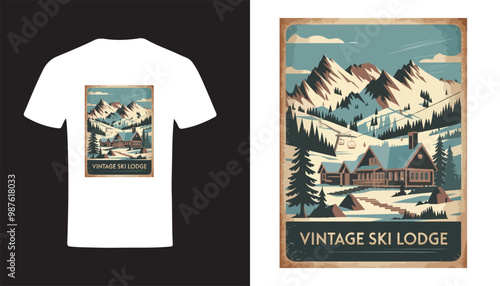 Retro 70s Ski Resort T-Shirt Design with Majestic Mountain Scenery