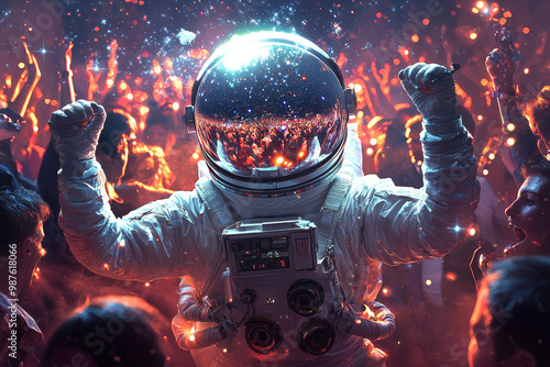 An astronaut helmet reflecting disco ball captures vibrant energy of lively party scene. atmosphere is electric, filled with excitement and celebration