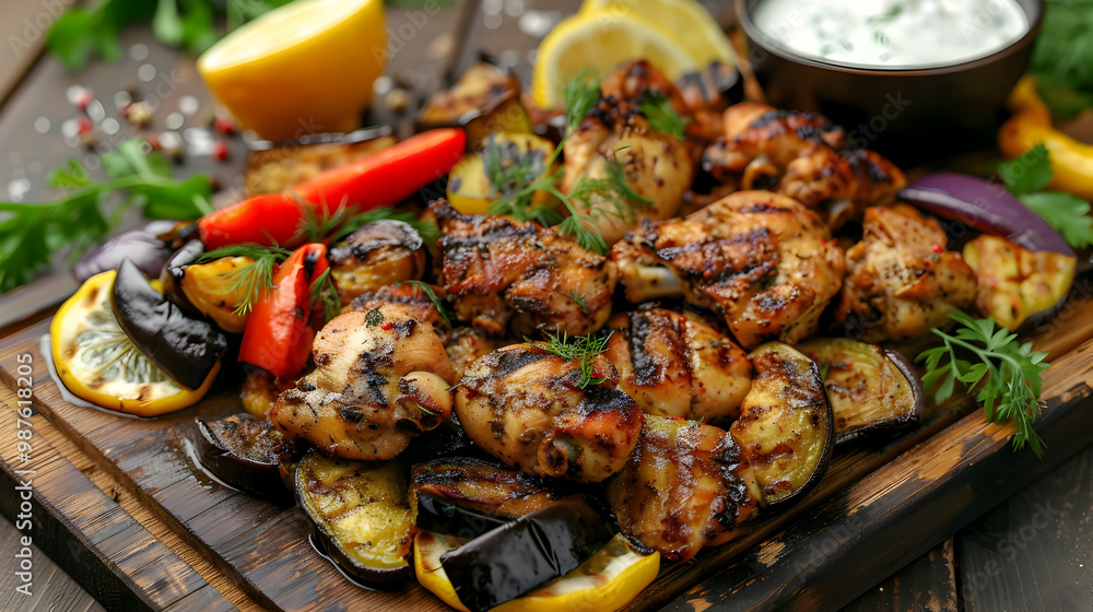 Grilled Chicken Skewers with Grilled Vegetables and Lemon Wedges Grilled Chicken Skewers with Grilled Vegetables and Lemon Wedges