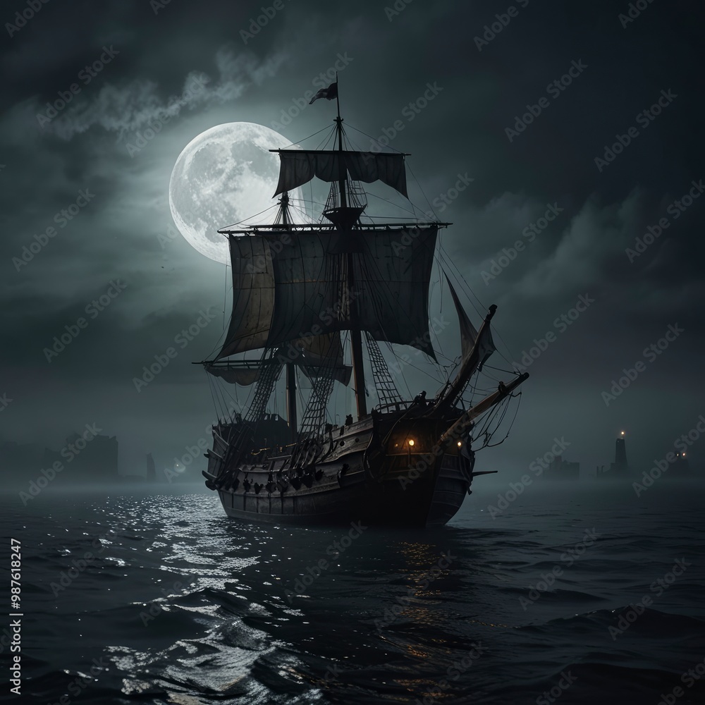 Fototapeta premium A medieval ship sailing in thick fog, illuminated by the moon, eerie and mysterious ambiance