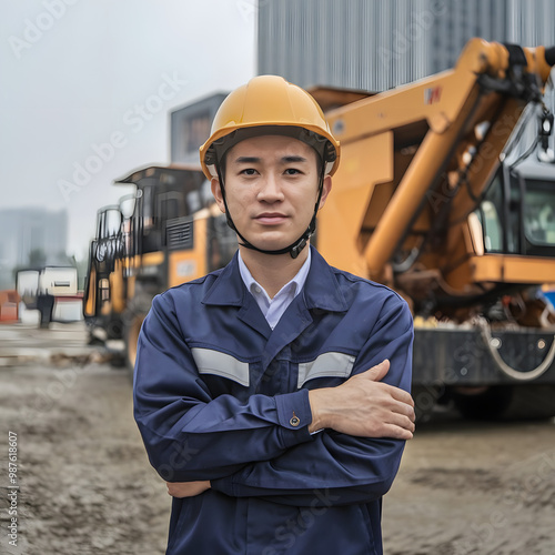 Asian male worker wearing a helmet and folding his arms. 