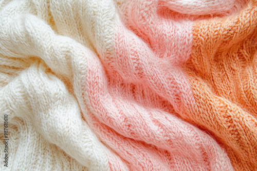 This image features soft, pastel-colored knitted fabric in various shades, highlighting the texture and intricacy of the yarn, symbolizing warmth, comfort, and artistic craftsmanship. photo